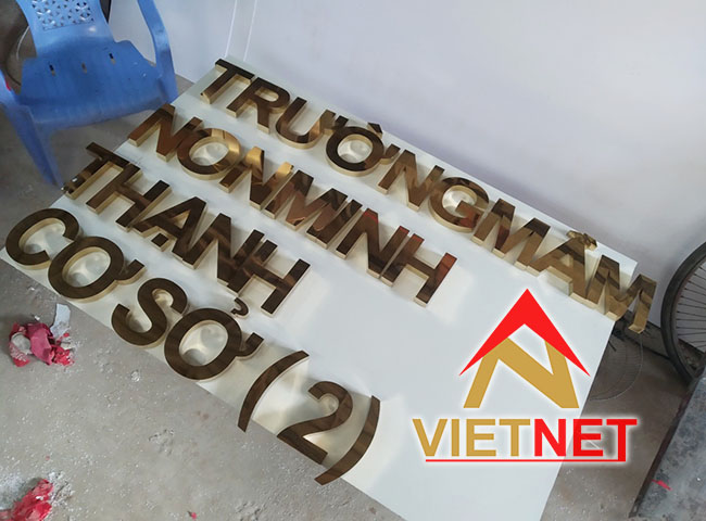 Mẫu bảng hiệu chữ nổi inox vàng cho trường mầm non Minh Thạnh cơ sở 2