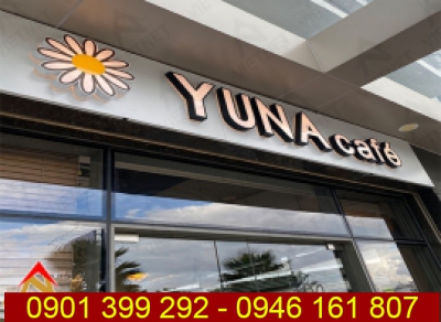 Gia công chữ inox chất lượng kết hợp mặt mica Yuna Cafe